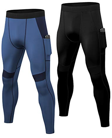 YUSHOW Lot de 2 Leggings de Compression pour Homme - Collant de Course à Pied - Couche de Base - Pantalon de Cyclisme pour entraînement, athlétisme, entraînement, Noir + Gris Bleu, 31-35