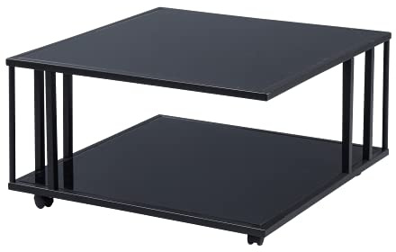 M2 Kollektion Paris 2 – Moderner Couchtisch 75x41x75 cm | Deck- und Ablageplatte aus 6 mm schwarz lackiertem Glas | Metallgestell auf Rollen