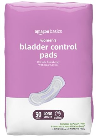 Amazon Basics Incontinence Pads for Women, Long, Postpartum, Bladder Control, Ultimate Absorbency, Fresh Protection, Unscented, 30 Count