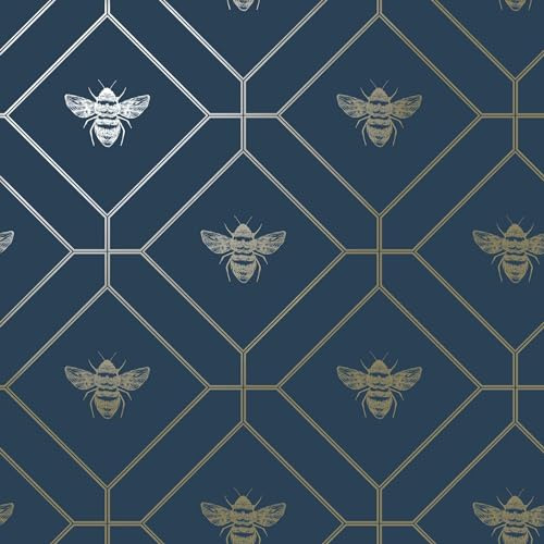 World of Wallpaper Waben Bienen, Metallic, Marine/Gold (50401)