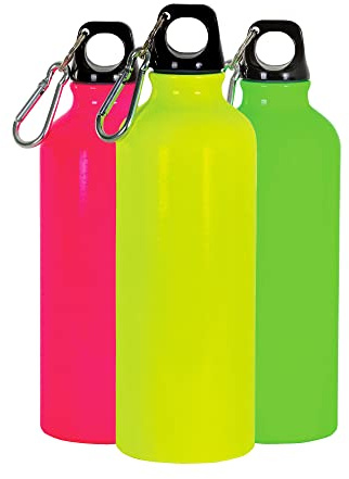 BSSTORE Borraccia Colori Fluo con Tappo in Plastica e Moschettone (500ml) in Alluminio - Per Escursioni, Sport, Campeggio, Bicicletta, Fitness, Yoga, Scuola, Palestra. (Giallo)