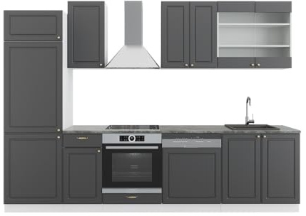 Vicco Küchenzeile Fame-Line, Anthrazit-Gold/Weiß, 300 cm | 8 Module · Höhenverstellbare Füße · Ohne Arbeitsplatte · MDF-Fronten · Softclose · Metallgriffe