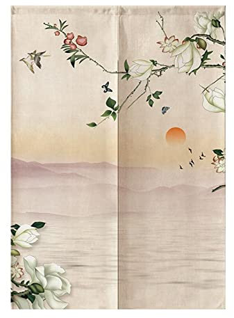 Surwin Japanischer Stil Türvorhang, Chinesischer Stil Japan Noren Raumteiler Tapisseri Leinen Lang Vorhänge Partition Gardinen Tür Vorhang Tapisseri für die Türdekoration (85x150cm,Magnolie)