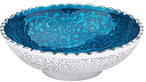 Räucherschale Jamu blau mit Pfauenmuster, Aluminium rund, Ø 10 cm, H 3,5cm