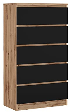 3E 3xE living.com Komodenschrank mit 5 Schubladen, Farbe: Wotan Eiche/Schwarz, A: 70 x 125 x 39 cm