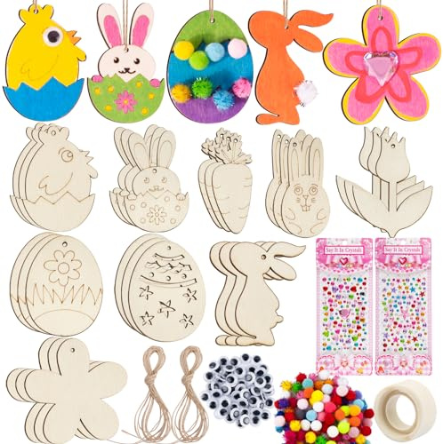 BETESSIN 60 Stück Ostern Basteln Holz Holzanhänger zum Bemalen 215pcs Osterdeko zum Basteln Osterhasen Ostereier Blumen Frühling Anhänger DIY Handwerk Osterdekoration zum Aufhängen