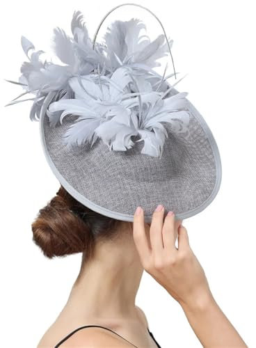 Großer Derby-Hut, Fascinator, Stirnbänder, Brautfedern, Kopfschmuck, Anlass, Rennen, grau, Einheitsgröße