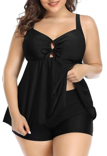 Maillots Deux Pièces Femme Tankini avec Short Bikini Femme 2 Pieces Découpé Dos Croisé Réglable Maillot de Bain Jupette Grande Taille pour Grossesse (2-Noir, 3XL)