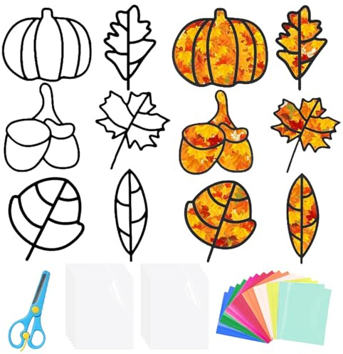 Giugio Herbst Basteln Kinder, 12 Stück Herbst Bastelset Kinder, Kränze Bastelsets, Blätter Deko, Fensterbilder Herbst Basteln,DIY Thanksgiving Kürbis Herbstzeit Bastelset Blätter Deko Kinders Geschenk