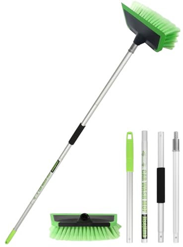 2 in 1 Car Wash Brush with Squeegee PBT Soft Bristle Truck Scrub Detail Brush 60” 151cm with Adjustable Long Handle for Interior Exterior Car Truck RV Boat Deck House Siding Cleaning Sweep Snow