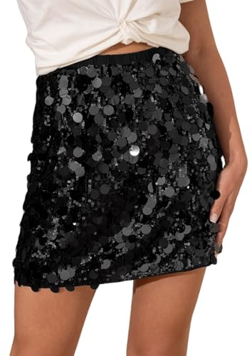 CUPSHE Damenrock mit Pailletten, Glitzer, hohe Taille, funkelnd, glänzend, Hüft Wickelrock, Minirock, zum Ausgehen, Party, Schwarz A, M