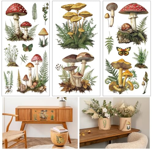 GLOBLELAND 3 Sheets Vintage Mushrooms Furniture Transfer 6x12inch Fern and Butterfly Rub on Transfer Self-Adhesive Wall Art Decals for Bedroom Living Room Desk Table Decoration