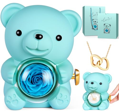 goldmiky Ewige Rosen Bär Geschenkbox mit Halskette, Ewige Rose mit Kette | Rosen Teddybär für Frauen, Freundin Jahrestag, Geburtstag, Thanksgiving, Valentinstag, Weihnachten, Schulanfang