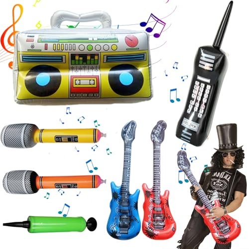 YIHAOSSING 80s 90s Theme Party Decorations, Includes a Boom box, Inflatable Cell Phone, 2 Microphones,2 Inflatable Guitar and a Hand Pump for Hip Hop Party Theme Supplies Cosplay Props (7pcs)