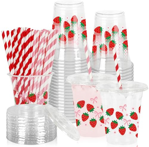 FYSUIMU 50 bicchieri di plastica con fragole con coperchi e cannucce, rosa, fiocchi, fragole, bicchieri in plastica trasparente, 350 ml, bicchieri usa e getta per feste di compleanno e matrimoni