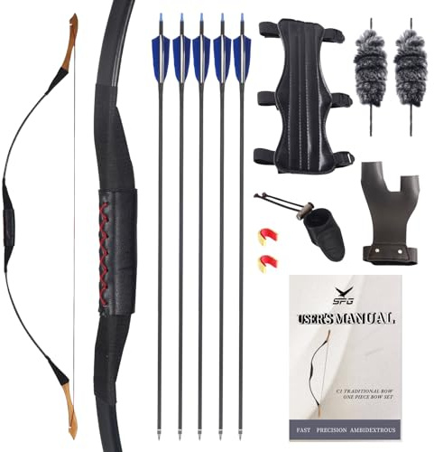 SPG 40lbs One Piece Traditional Bow - 53 Handmade Wooden Bow Fast Precision Shooting Traditional Recurve Bow and Arrow Set for Adult & Archers Right Left Hand Archery Horse Long Bow (40lbs)