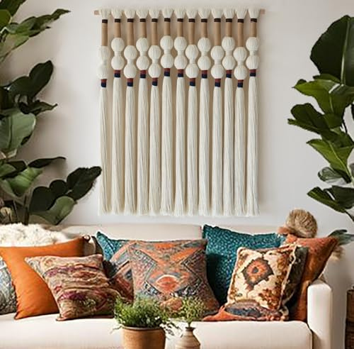 Flber Macrame Wall Hanging Boho Wall Art Handmade Spherical Knot Design with Tassel Fringe, Boho Decor for Bedroom Living Room, for Home Decoration 27 W x 33 L