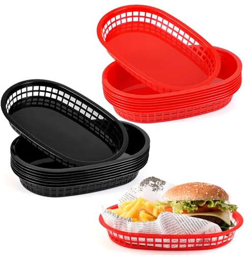 JJWNMLL cestino per patatine fritte,cestini per alimenti pane in plastica riutilizzabile,per panini hamburger,patatine,festa di compleanno per bambini ((27 * 17cm)-Rosso+Nero)