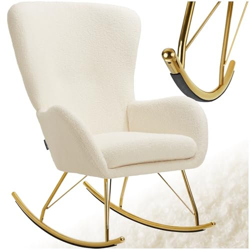 tectake® Schaukelstuhl, Sessel Wohnzimmer, Relaxsessel, Ohrensessel, Wohnzimmer Möbel, Rocking Chair für Babyzimmer, als Lesesessel im Schlafzimmer oder Stillsessel, Bouclé Creme/Gold