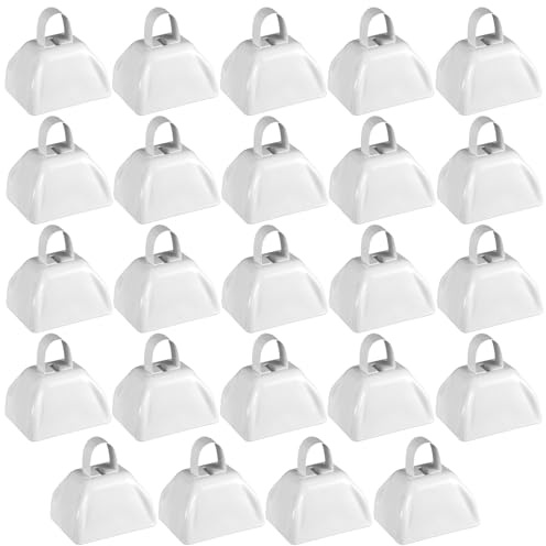 24 Pcs Metal Cowbell with Handle Cow Bells Noise Makers for Sporting Events Small Loud Noisemaker Cow Bell for Wedding Cheering Football Games, 3 x 2.4 x 3 Inch(White) ﻿