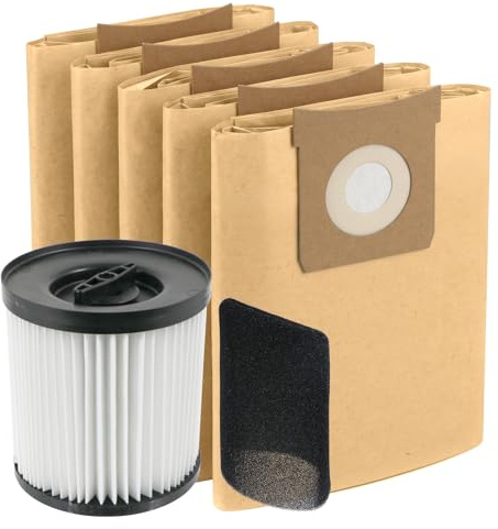 SPARES2GO Cartridge Filter Sleeve + 5 Dust Bags for Titan TTB774VAC TTB775VAC TTB776VAC TTB777VAC 16L 20L 30L 40L Vacuum Cleaner