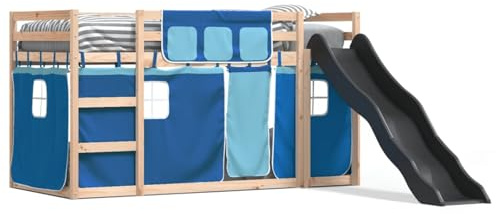 Gecheer Lit superposé avec toboggan et rideaux bleu 90 x 200 cm, meuble lit simple double chambre, escalier, garde-corps pour enfants
