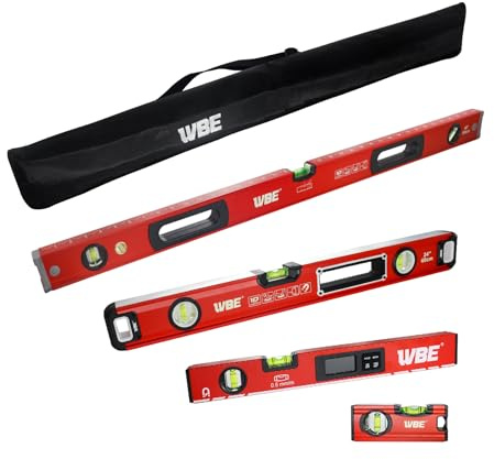WBE 4-teiliges Torpedo-Wasserwaagen-Set mit magnetischem, digitalem Nivelliergerät mit LCD-Display, 11,9 cm, 40,6 cm, 50,8 cm, 101,6 cm, Aluminiumlegierung, Wasserwaagen-Set mit Tragetasche, Bubble