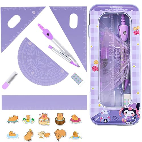 Set da 8 pezzi Compasso e righello: un set completo di apprendimento dotato di scatola robusta, 10 adesivi, set geometrici per la scuola secondaria, per studenti e disegnare con precisione (viola)