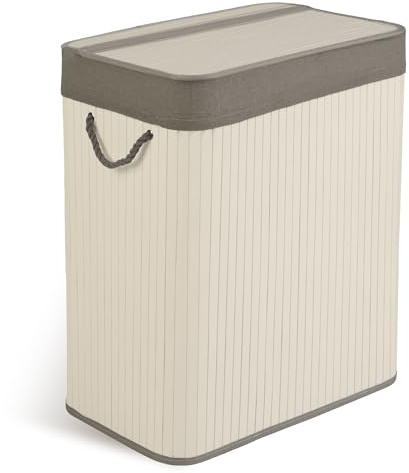 Massido tvättkorg, 2 fack 100 l – med lock och tvättpåse – tvättkorg av bambu – tvättsorterare – vit grå – 61 x 54 x 34 cm