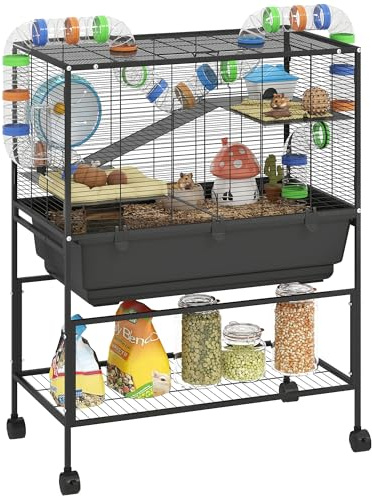 PawHut Hamster Cage, 3 Tier Large Gerbil Cage on Wheels with 17 cm Deep Tray, Storage Shelf, Big Exercise Wheel, Tube System, Hut, Platforms, Ramps, Food Dish, Water Bottle, for Syrian Hamsters, Rats