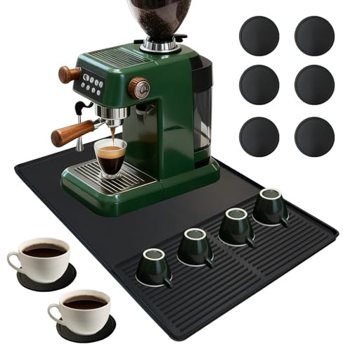 Laaorr Silicone Coffee Mat with 6 Coasters, 61x40cm Large Coffee Machine Mat with Detachable Draining Mat for Countertop Coffee Bar Matt Non-Slip Heat Resistant Worktops Dish Drying Base Mat