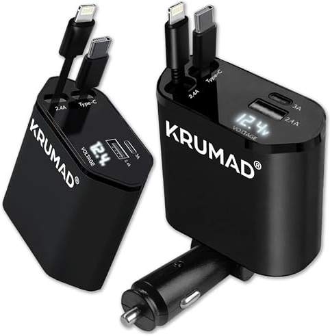 KRUMAD Zigarettenanzünder, Schnellladegerät, Ladegerät, Ladegeräte Auto | USB-C, 120W 12V, mit USB C Kabel, USB Stecker & USBC Stecker, Lightning Kabel, mit LED Display, für Handy & Auto Zubehör, ABS