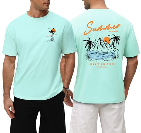 Xnova Magliette Uomo Manica Corta T Shirt Uomo Cotone Estive Maglietta Stampata 100% Cotone Larga con Stampa Playa Palma Surf Girocollo per Vacanze e Quotidiano, Verde Lago, XL
