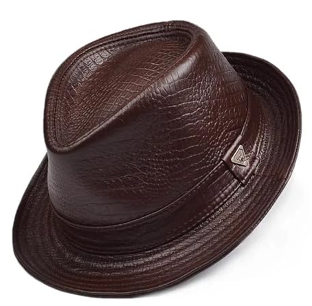 UJEDFHV Pork Pie Hut Männlicher Lederhut aus Schaffell for formelle Anlässe, Gentleman-Hut Kuhhaut, Kurze Krempe, gelbbraun, Zylinderhut for Männer, zeigt Gentleman(Brown 2,L 55 56cm)