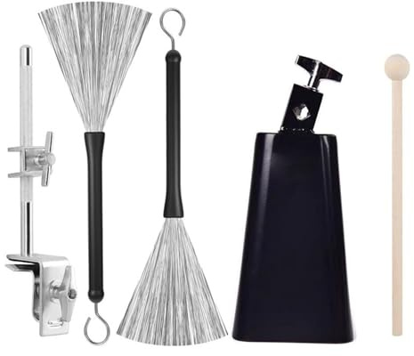 Komplettes Trommel-Kuhglocken-Klemmen-Set enthält 15,2 cm Metallglocken, zwei Bürsten und Holzdrumstick für Percussion-Zubehör, Cowbell mit Ständer