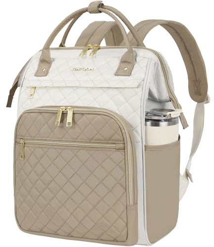 EMPSIGN 17 tums Laptopryggsäck för kvinnor, arbets- och reseryggsäck för dator, stor kapacitet, vattentät quiltad vardagsryggsäck, Beige-Khaki