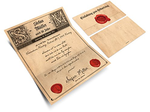 Kartenmachen.de Geburtstag Einladungskarten (10 Stück) - Siegelbrief - Vintage Brief Wickelfalz mit Siegel Aufkleber