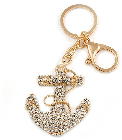 Avalaya Clear Crystal Anchor Keyring/Bag Charm In Gold Tone - 10cm L