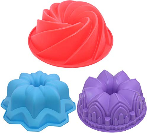AIFUDA 3 Pcs Silicone Baking Molds - Large Swirl, Castle, and Double Flower Cake Molds for Birthday Party DIY