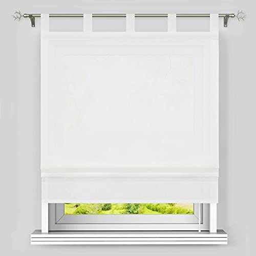 Heichkell Raffrollo mit Schlaufen Halbtransparent Raffgardine Wohnzimmer Einfarbige Fensterstores Leinen Faltenrollo Weiß BxH 100x140 cm