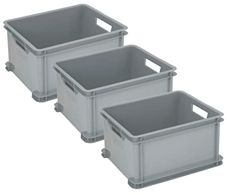 Curver Unibox Classic Aufbewahrungsbox L – 3×30 L – stapelbar, modular, verstärkte Ecken, stabile Handgriffe, grau, 10 kg Traglast