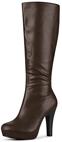 Allegra K - Botas de tacón grueso con punta redonda y plataforma para mujer hasta la rodilla, café, 5 UK