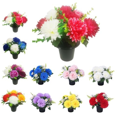 Chrysanthemum Grave Flower Pots | Artificial Flowers For Graves | Cemetery Funeral & Floral Decorations | Grave Flowers | Long Lasting Quality (Ivory Fuchsia & Cerise Chrysanthemum & Eucalyptus)