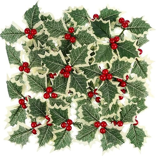 Yurosiay 10 Stück Weihnachtsbeeren Mit Grünen Blättern Künstliche Stechpalme Blätter Weihnachten Künstliche Stechpalmenbeeren Deko Mini Holly Berry für Geschenkbox Weihnachtskranz Tisch Rot