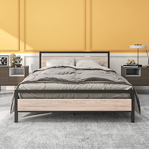BOFENG Telaio per letto king size da 1,5 m con testiera in legno, piattaforma in metallo resistente, per letto king size, con contenitore, senza bisogno di molle, base per materasso, supporto a doghe