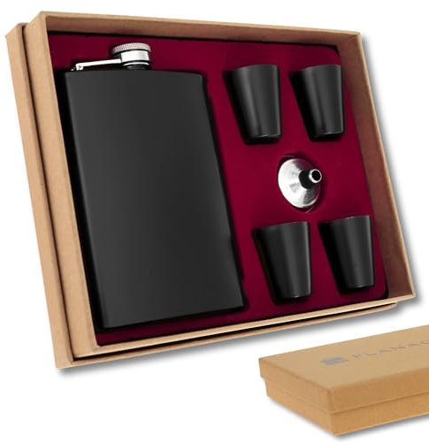 Flachmann Geschenkset für Männer • Militär Design Matt-Schwarz o. Matt-Grün • Edelstahl Flachmann Set mit Becher & Trichter • Geschenk für Männer • 9 oz / 265 ml • Wandern Zubehör (Schwarz)