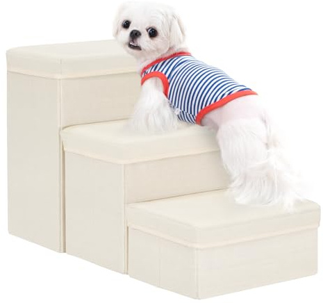 Uross Hundetreppe mit Stauraum - 3-stufige Haustiertreppe für kleine bis große Hunde, Katzen & Welpen (Beige)