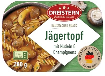 DREISTERN Jägertopf 280g I Mit Champignons & Nudeln I Herzhaftes Fertiggericht in Mikrowellenschale I Lange Haltbarkeit dank natürlicher Konservierung I Hausmacher Qualität