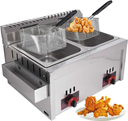 Friteuse à gaz en acier inoxydable de qualité supérieure – Friteuse GPL haute capacité pour un usage domestique et commercial – Puissance de feu réglable – Comprend des paniers et des couvercles –
