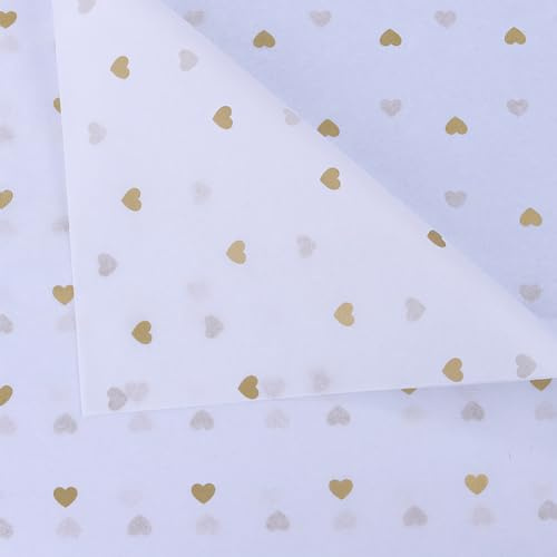 Geschenkpapier mit Herzen, Blumenmotiv, Geschenkpapier, Seidenpapier, Blumenstrauß, Geschenkpapier, Floristenstrauß, Zubehör für Valentinstag, Geburtstag, Weiß, Gold, 28 Blatt